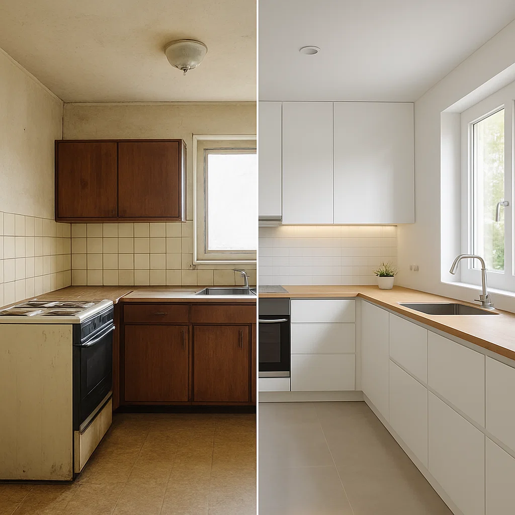 Voor-en-na beeld van een keukenrenovatie in Antwerpen: links een oude keuken met donkere houten kasten en verouderd fornuis, rechts een moderne keuken met witte kasten, houten werkblad en strakke afwerking.